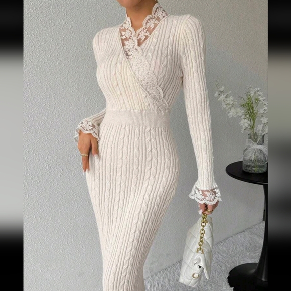 Dresses & Skirts - Women Elegant Solid Color Lace Patchwork Fitted Long Sweater Dress,